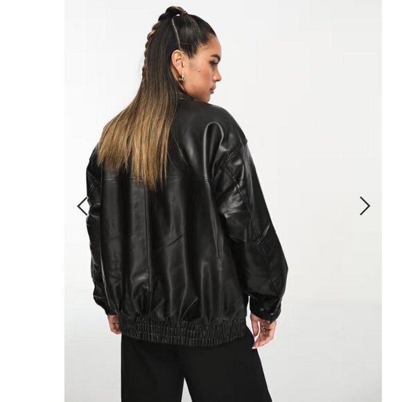 ASOS DESIGN Faux Leather Bomber Jacket with Collar - Black US 8 - Picture 3 of 13